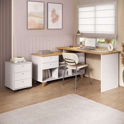 Kit Home Office Completo Escrivaninha Mesa Escritório em L Gold com Gaveteiro Branco/Olmo Artany