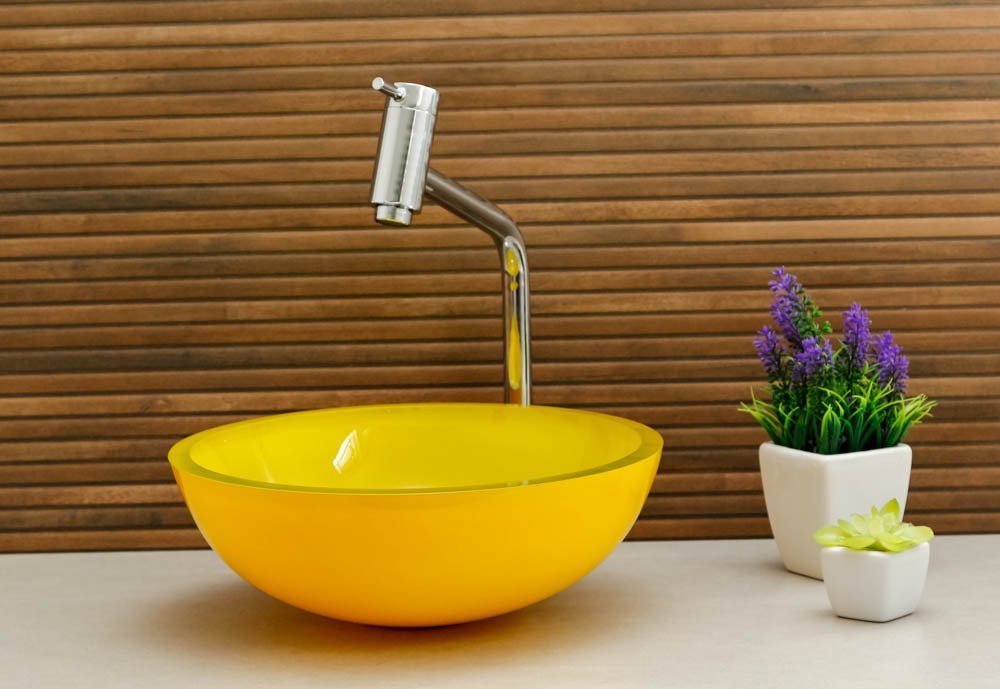 Cuba Para Banheiro de Vidro Redonda cores especiais 35 cm + Válvula Click - Amarelo - 2