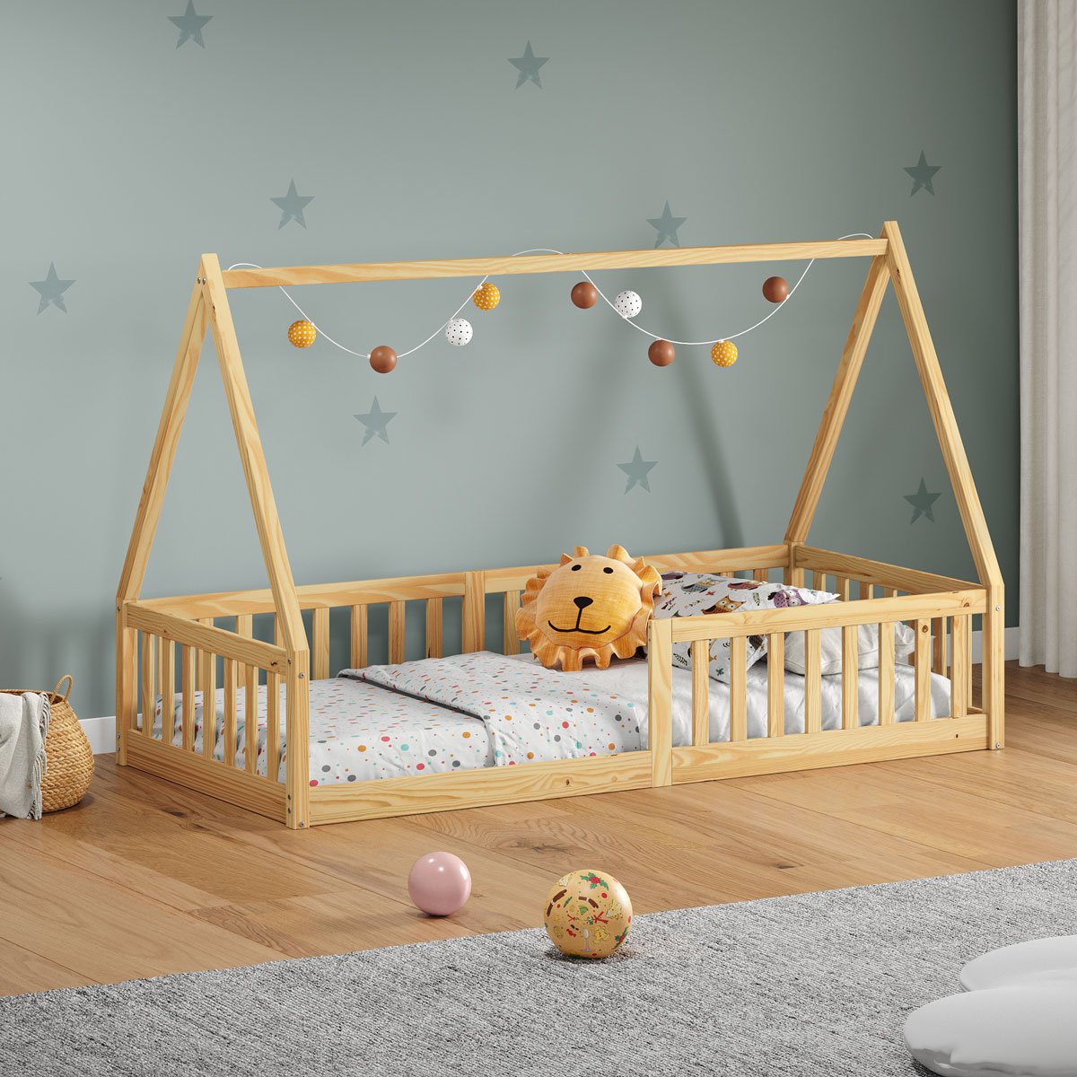 Cama Infantil Montessoriana Solteiro Madeira Casinha de Chão Nicolas Natural