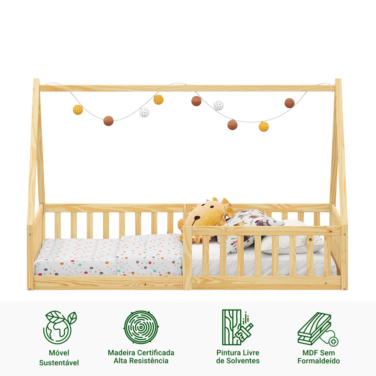 Cama Infantil Montessoriana Solteiro Madeira Casinha de Chão Nicolas Natural - 3