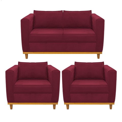 Kit Sofá 2 Lugares e 2 Poltronas Europa Suede Doce Sonho Móveis - Bordô