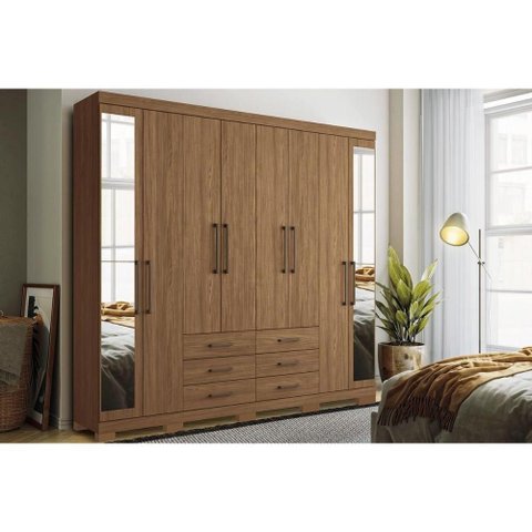 Guarda Roupa Casal 8 Portas e 6 Gavetas C/ Espelho e Pés Master 8.6 Jatoba - Santos Andirá
