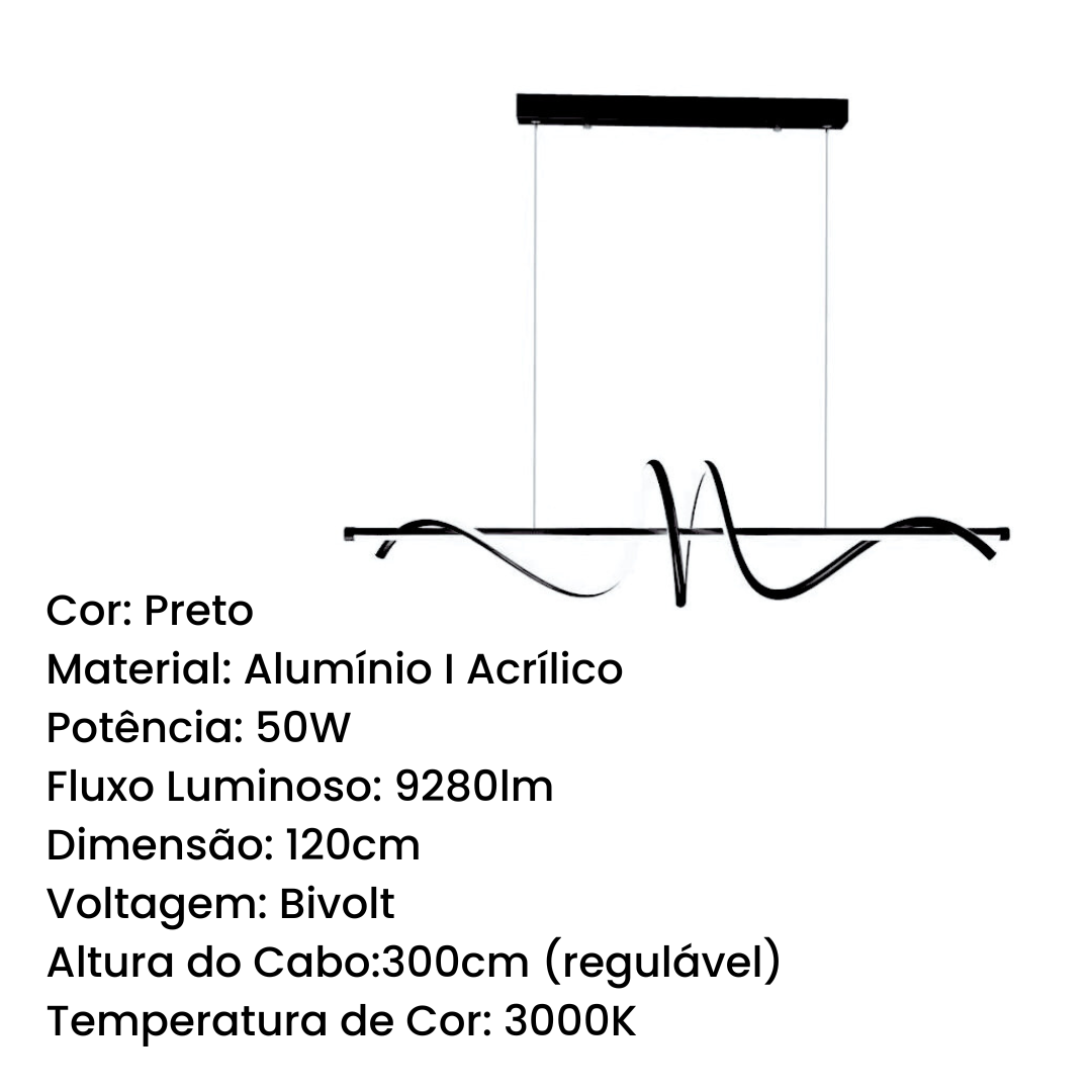 Lustre Pendente 120cm 50w Led 3000K Preto Fosco Bivolt Moderno Sala de Jantar - 7