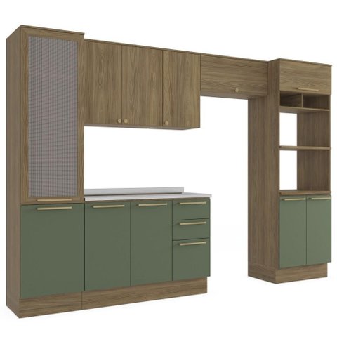 Cozinha Completa 5 Peças com Armário e Balcão Kappesberg Botânic 320cm Nogueira/verde Oliva -