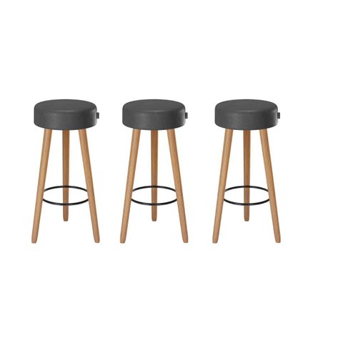 Kit 3 Banquetas Alta 80 Cm Estofada Corino Preto Retrô Pé Palito Cozinha Área Gourmet Balcão Bancada