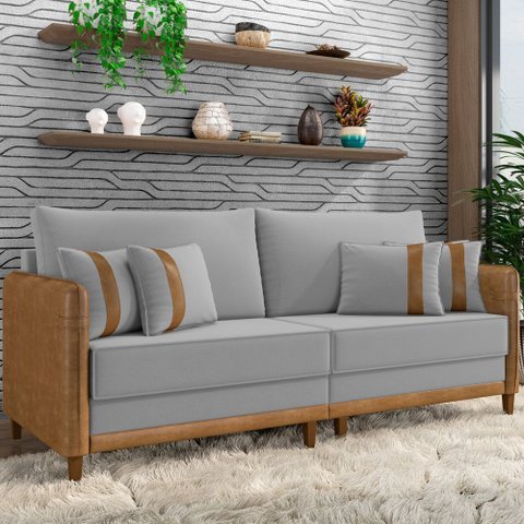 Sofá 3 Lugares Sala de Estar Living 232cm Asbury K01 Veludo Cinza Claro Couríssimo Camel - Lyam Deco
