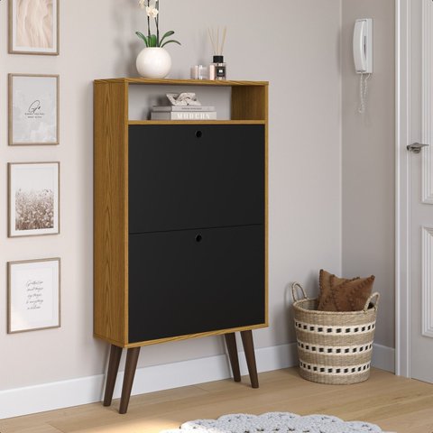 Sapateira com 2 Portas Basculantes Drex Estilo Retrô para Hall de Entrada ou Quarto - Nature com Pre