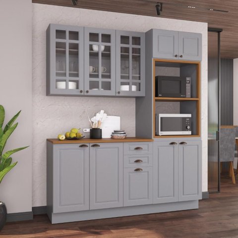 Armário de Cozinha Modulada Compacta Fidelitá Nara 100% MDF 3 Peças 190cm 10 Portas 2 Gavetas com