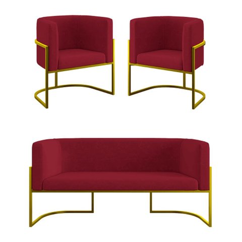 Kit 2 Poltronas + Sofá 2 Lugares Base de Metal Gold Balaqui