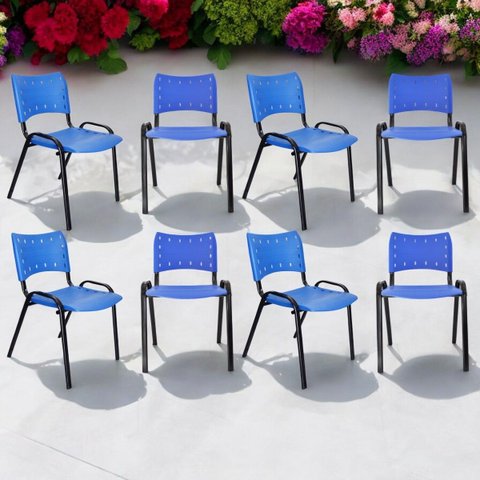 Kit com 8 Cadeiras Iso para Escola Escritório Comércio Azul Base Preta Ecomhome