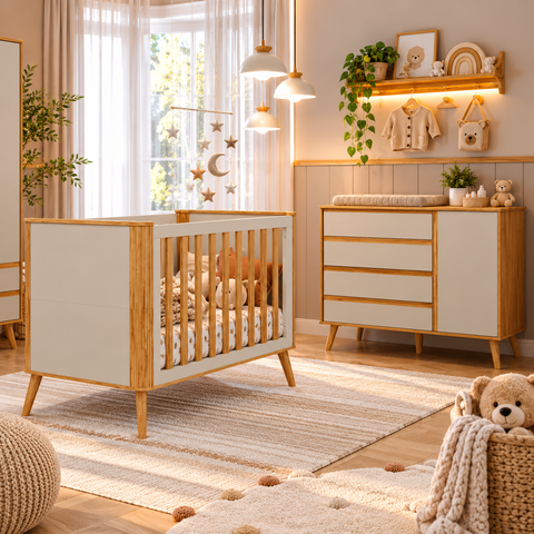 Kit Berço com Cômoda Quarto de Bebê MDF Off White Amêndoa