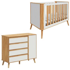 Kit Berço com Cômoda Quarto de Bebê Mdf Off White Amêndoa