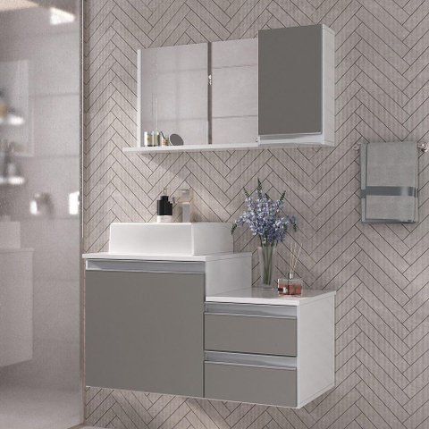 Conjunto Gabinete Banheiro Cross 80 (gabinete+espelheira+cuba) Branco Cinza