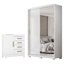 Ver imagem 1 de Guarda Roupa Casal Riva Branco Amêndola Touch Flex com Espelho e Pés e Cômoda Montevideu Branco Flex