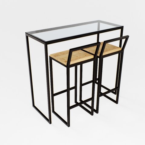 Bancada Cozinha Balcão Gourmet Vidro 2 Banquetas Pinus Pt