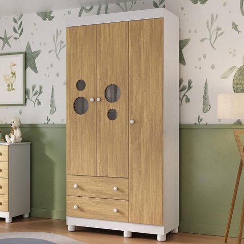 Guarda-roupa Infantil 92cm com Vidro 3 Portas e 2 Gavetas Bombom Multimóveis Mp4462 Branco/madeirado
