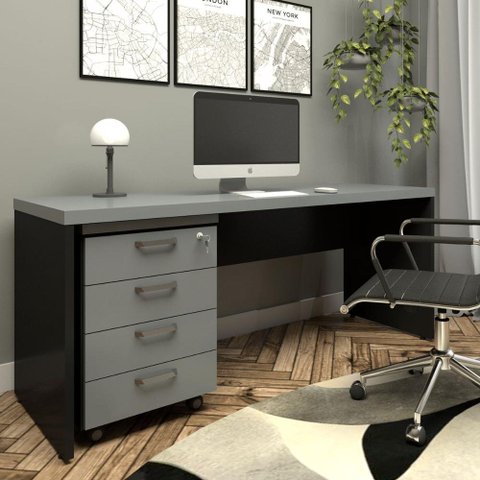 Mesa Escrivaninha 170cm com Gaveteiro 4 Gavetas F5 Office Cor:cinza Sagrado com Preto