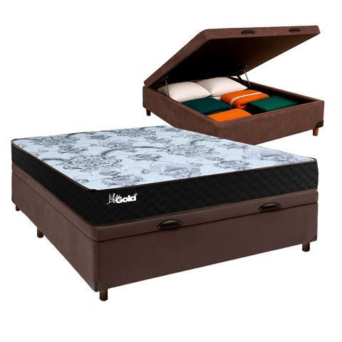 Conjunto Cama Box Bau Marrom Casal + Colchão Molas Ensacadas Life Gold Paropas