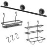 Kit Suporte Barra Cozinha Preta 70cm 3 Ganchos Ventosa Porta Rolos Temperos Condimentos - 1