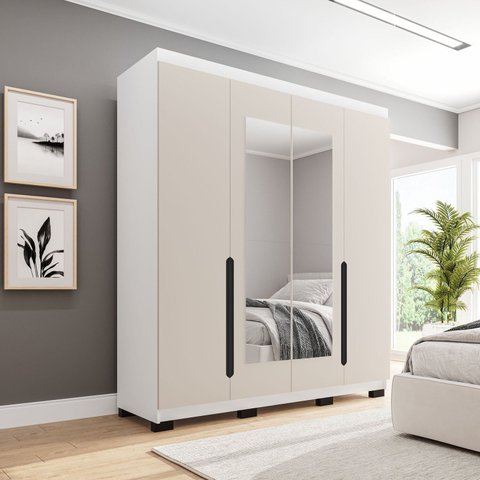 Guarda-Roupa Casal 4 Portas com Espelho Madrid Bege/Creme/Branco