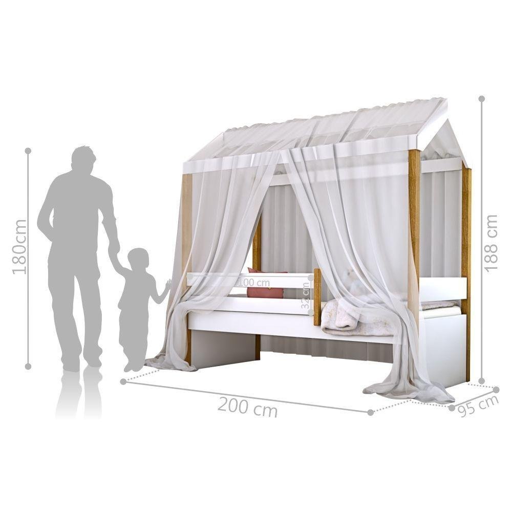 Cama Montessori Cabana Solteiro Com Colchão E Dossel Branco - 3