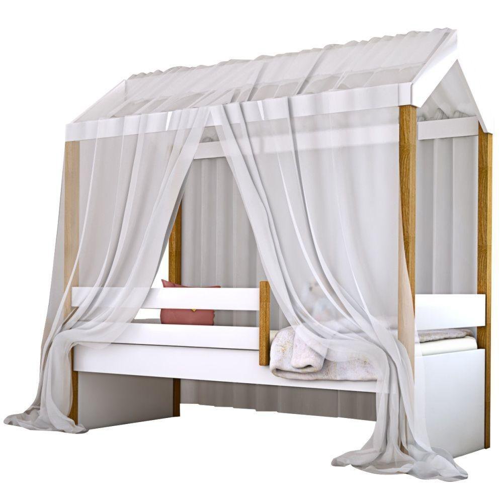 Cama Montessori Cabana Solteiro Com Colchão E Dossel Branco