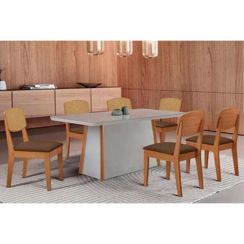 Conjunto: Mesa Sala Jantar Tilia Curvo 180cm + 6 Cadeiras Havana Naturale/off White - Suede Marrom
