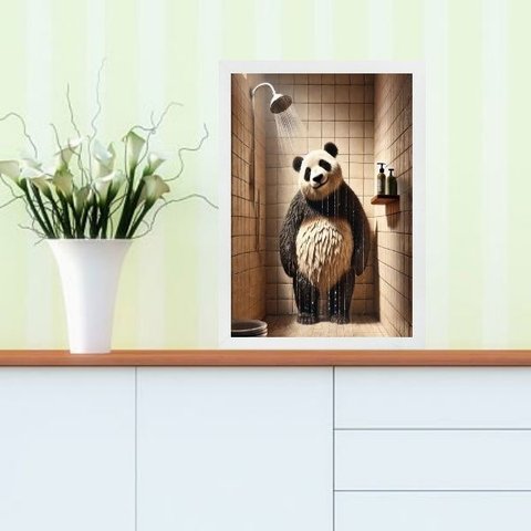 Quadro Divertido Banheiro Panda Tomando Banho 24x18cm - com Vidro:moldura Branca