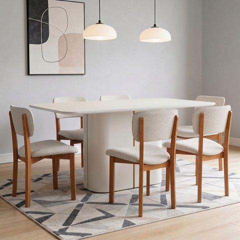 Mesa Retangular Tampo de Vidro Verbena 160cm Off White N01 com 6 Cadeiras Dara Linho Cru - Lyam Deco