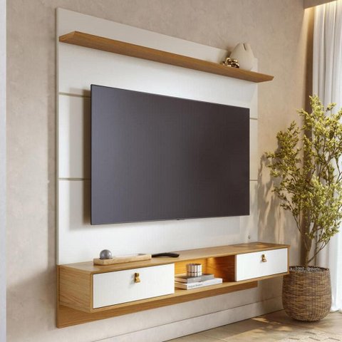 Painel para TV 60 pol com Bancada Suspensa 160cm Turquia C04 Off White Matte Freijó - Lyam Decor