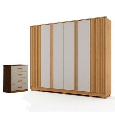 Guarda Roupa Casal Evo 6 Portas Cinamomo e Off White com Cômoda Rubi 4 Gavetas Cinamomo Off White – 
