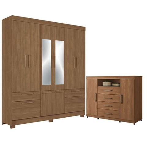 Guarda Roupa Casal 8 Portas Curitiba com Espelho e Cômoda Havana Master com Rodizio Jatobá Acetinado