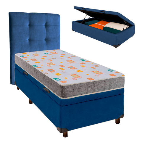 Cama + Bau Azul e Colchão D20 Solteiro - D20 Inducol + Cabeceira