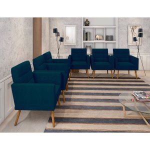 Kit 6 Poltronas Decorativas Escritório Sala Recepção Larah Suede Azul Marinho