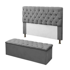 Kit Cabeceira e Calçadeira Baú Mirage King 195cm Renascer Decor:Cinza