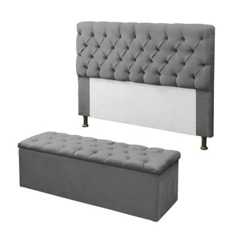 Kit Cabeceira e Calçadeira Baú Mirage King 195cm Renascer Decor:Cinza