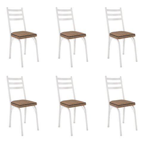 Kit 6 Cadeiras de Cozinha Luisiana Estampado Rattan Bege Pés de Ferro Branco - Pallazio