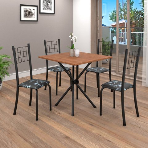 Conjunto de Mesa Tubular 70cm x 70cm Tampo em MDF com 4 Cadeiras Dany Preto/Floral/Txt