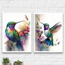 Ver imagem 1 de Kit 2 Quadros Pássaros Beija-Flor Aquarela 45x34cm:Madeira branca