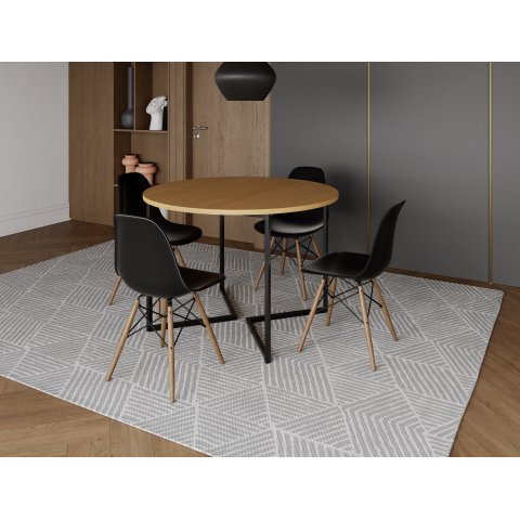 Mesa Industrial Base Ferro Preto em V Tampo 110cm Canela 4 Cadeiras Eames Madeira Assento Preto