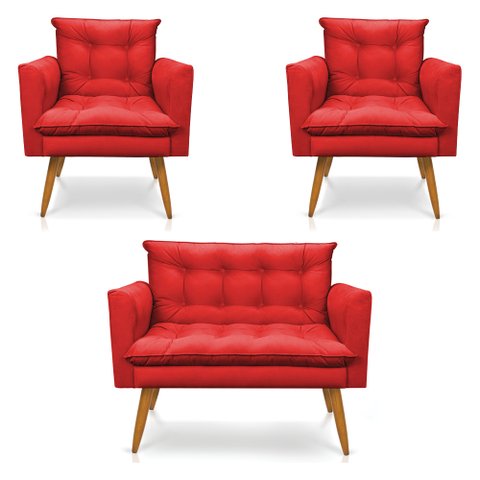 Kit 2 Poltronas e Namoradeira 2 Lugares Olivia Suede Pés Palito Castanho - Pallazio - Vermelho