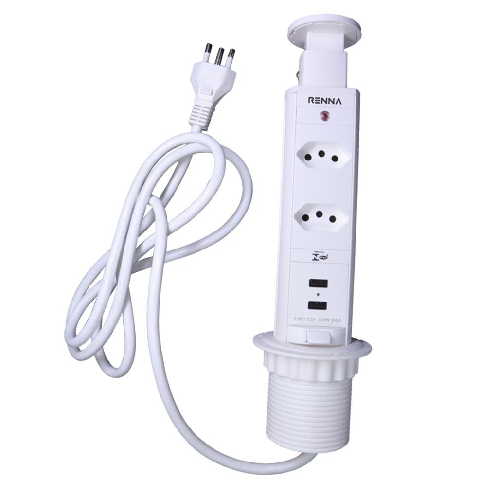 Torre De Tomada Renna Retrátil Embutir USB Multiplug Branca - 1