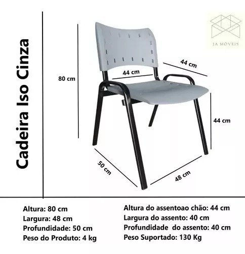 Kit Com 6 Cadeiras Iso Para Escola Escritório Comércio Cinza Base Preta - 4