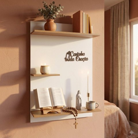 Prateleira Cantinho da Oração Painel Suspenso MDF Branco Amadeirado Letra 3D