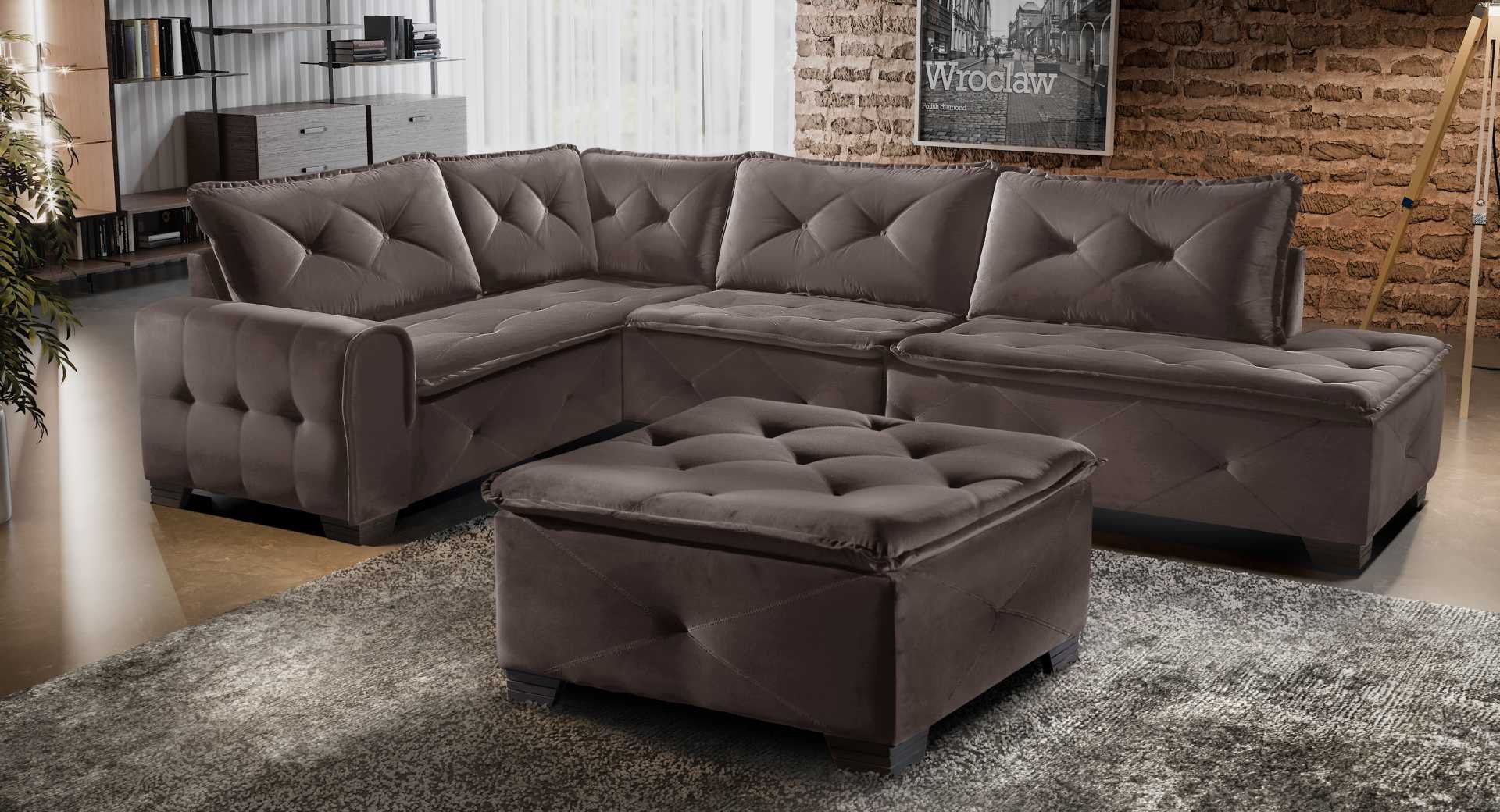 Sofá de Canto 5 Lugares com Chaise e Puff Lupi Villa Mobi Veludo Tabaco ...