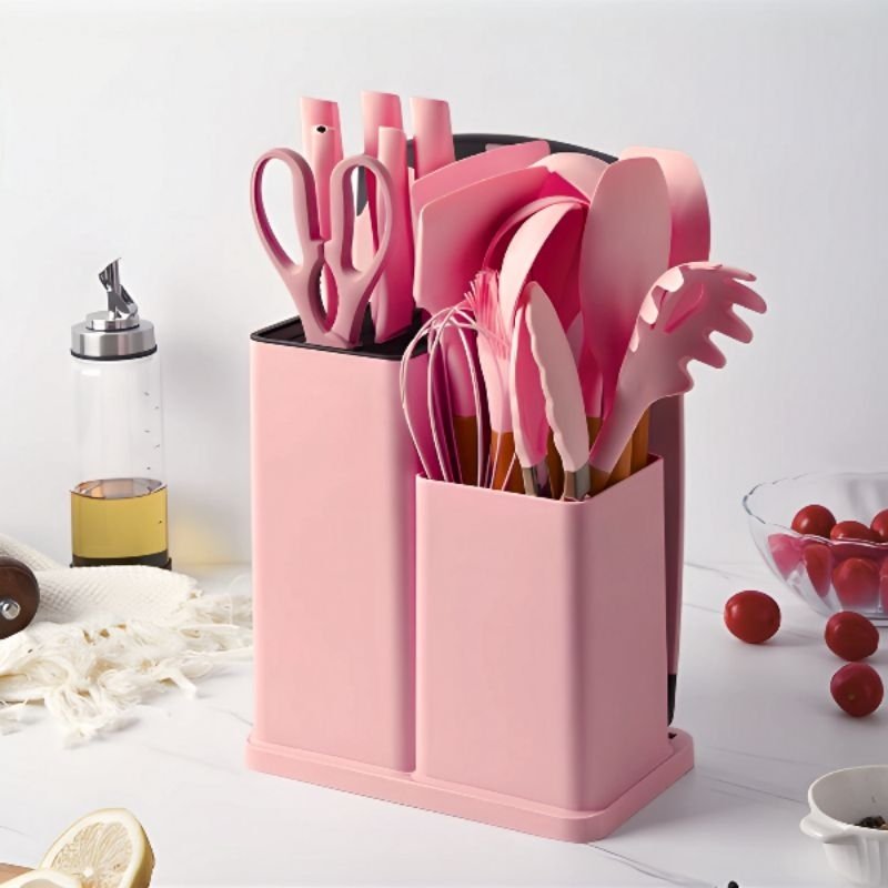 Kit Utensílios de Cozinha 19 Peças em Silicone - Rosa