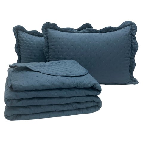 Kit Cobre Leito Colcha Perone King Dupla Face Toque de Pluma Micro Percal 300 Fios 3 Peças - Azul Ma