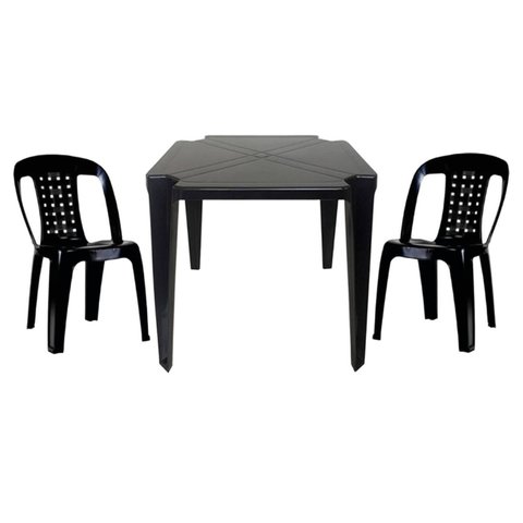 Mesa Quadrada Plástico Monobloco 70cm Preta + 2 Cadeiras Vime Empilhável