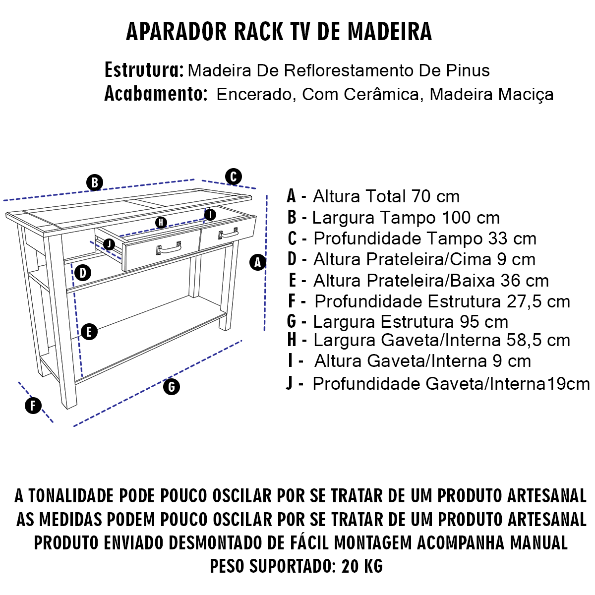 Aparador Rack Buffet Mesa Auxiliar Tv Video 100 Cm Cerâmica Organizador Multiuso Sala Balcão Retro - 2