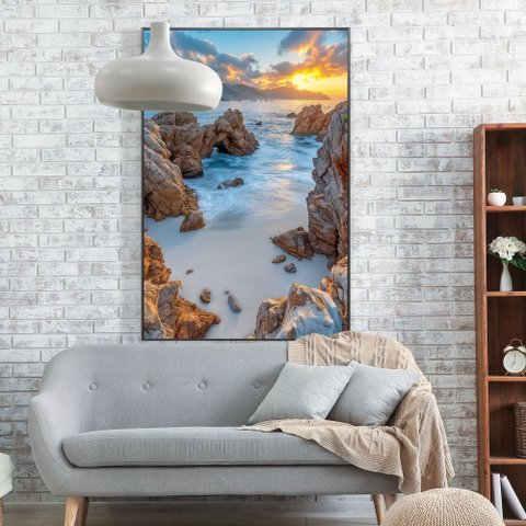 Quadro Decorativo Mar entre Pedras Vertical Sala Quarto Casa Escritório